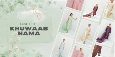 Promotional banner for Khuwaab Nama with images of women in traditional attire on a light green background.