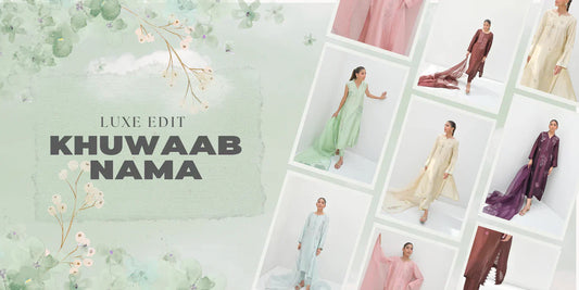 Khuwabnaama Eid Collection 2026 – Wine Purple, Blush Pink, Umber Brown, Sky Blue and Mint Green silk suits by Bano Ki Gali