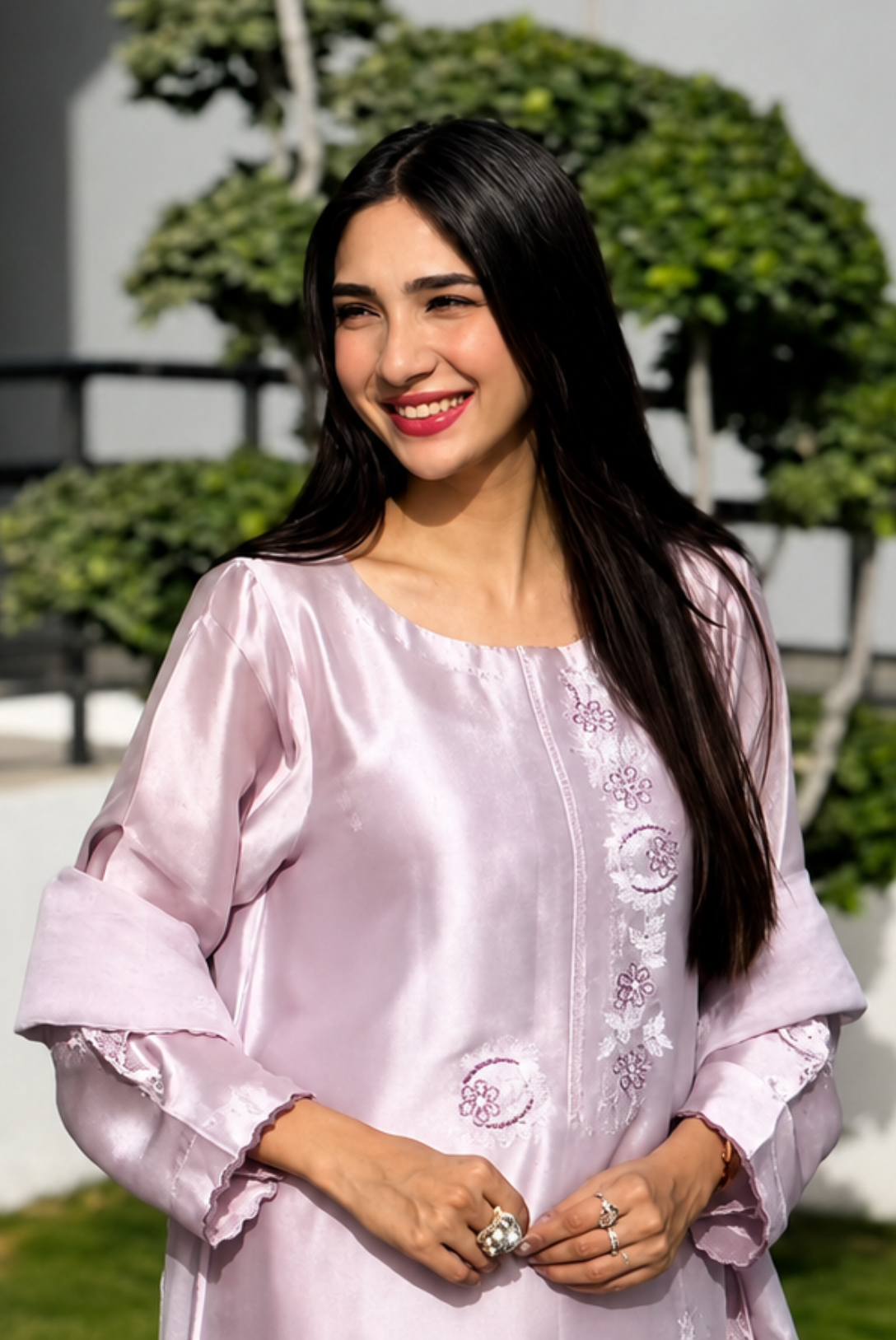 Lilac Bloom Embroidered 3-Piece Silk Suit KHUWAABNAMA