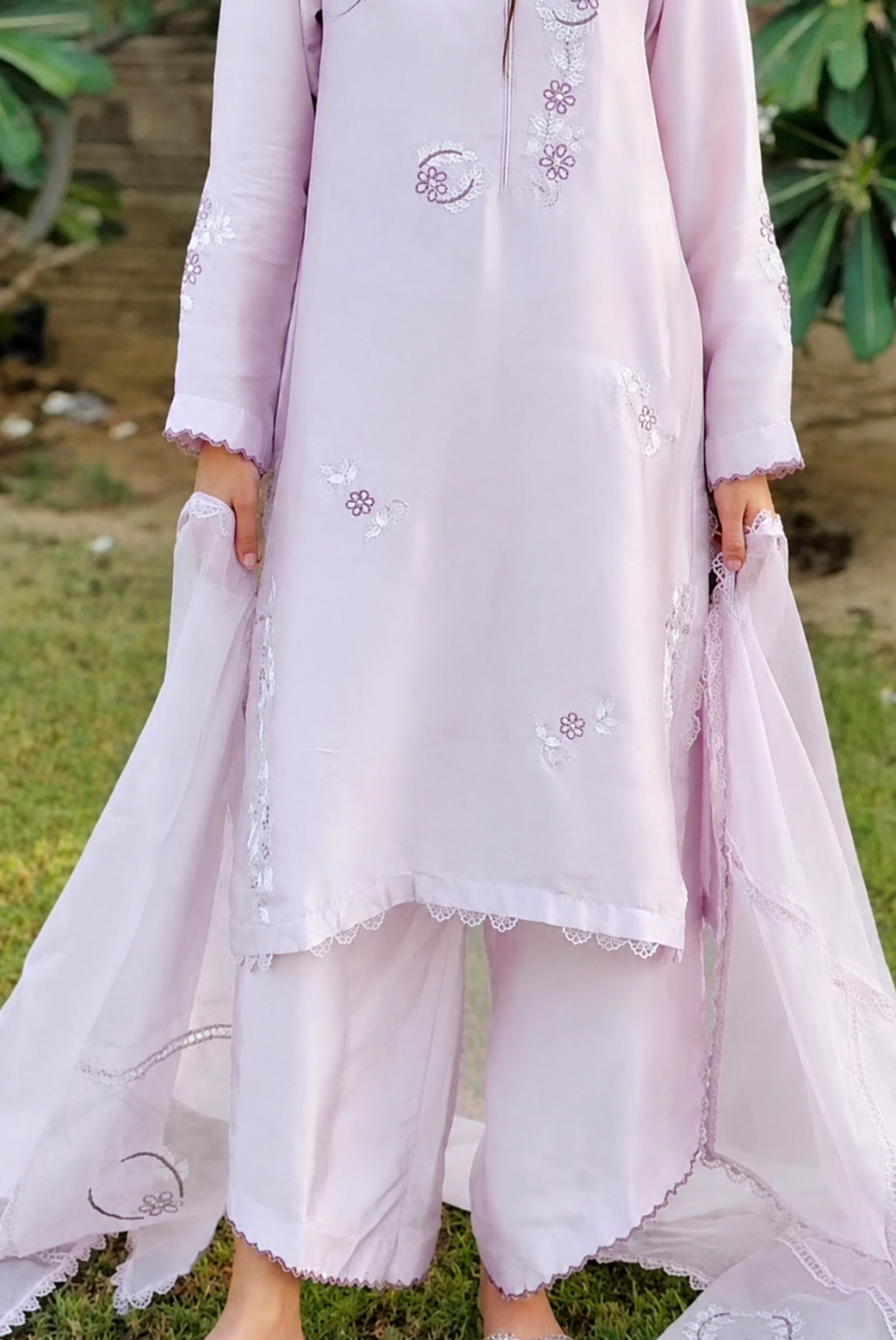 Lilac Bloom Embroidered 3-Piece Silk Suit KHUWAABNAMA