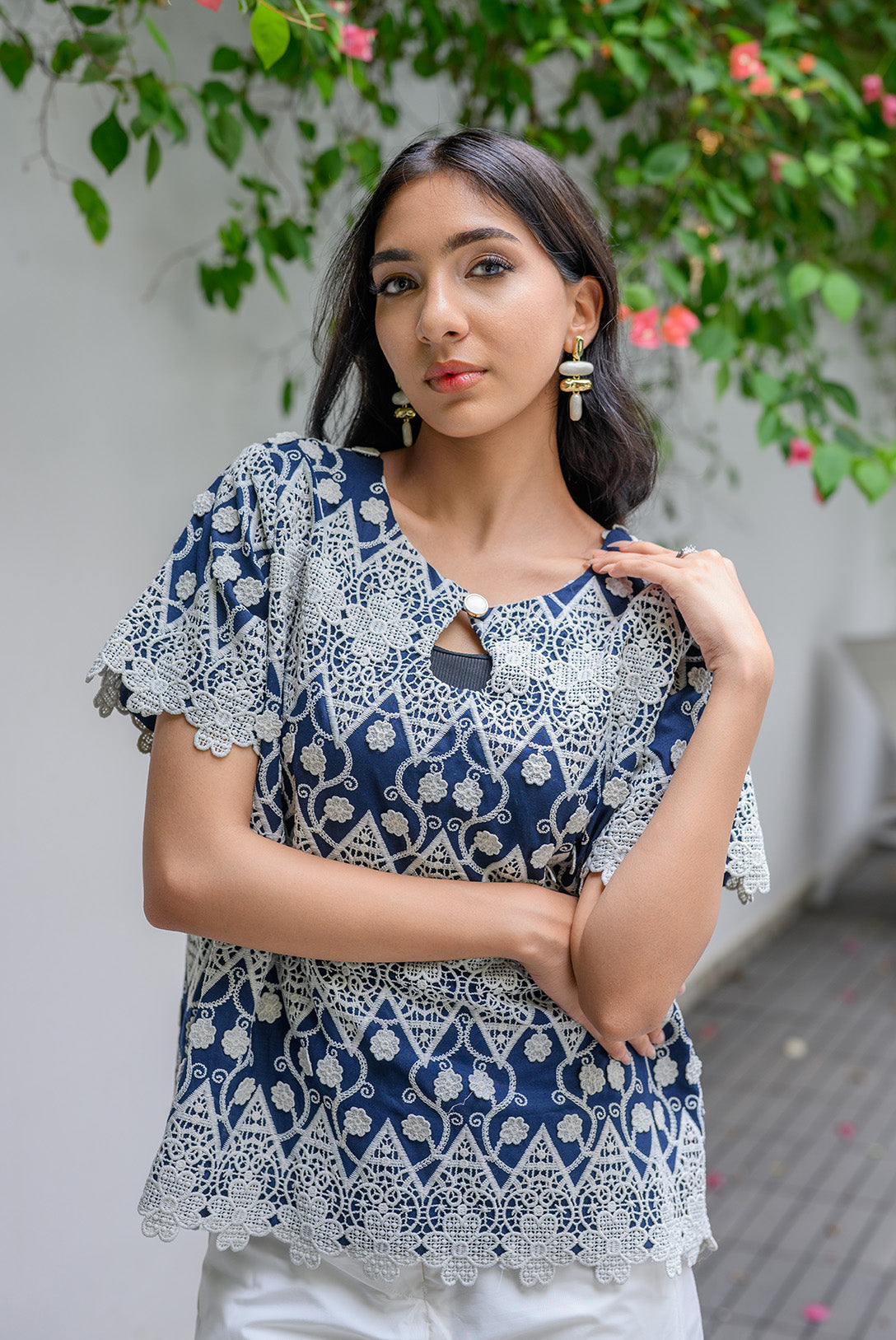 Blue and White Patterned Top