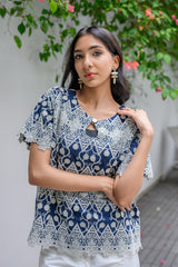 Blue and White Patterned Top