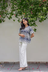 Blue and White Patterned Top