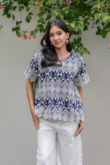 Blue and White Patterned Top